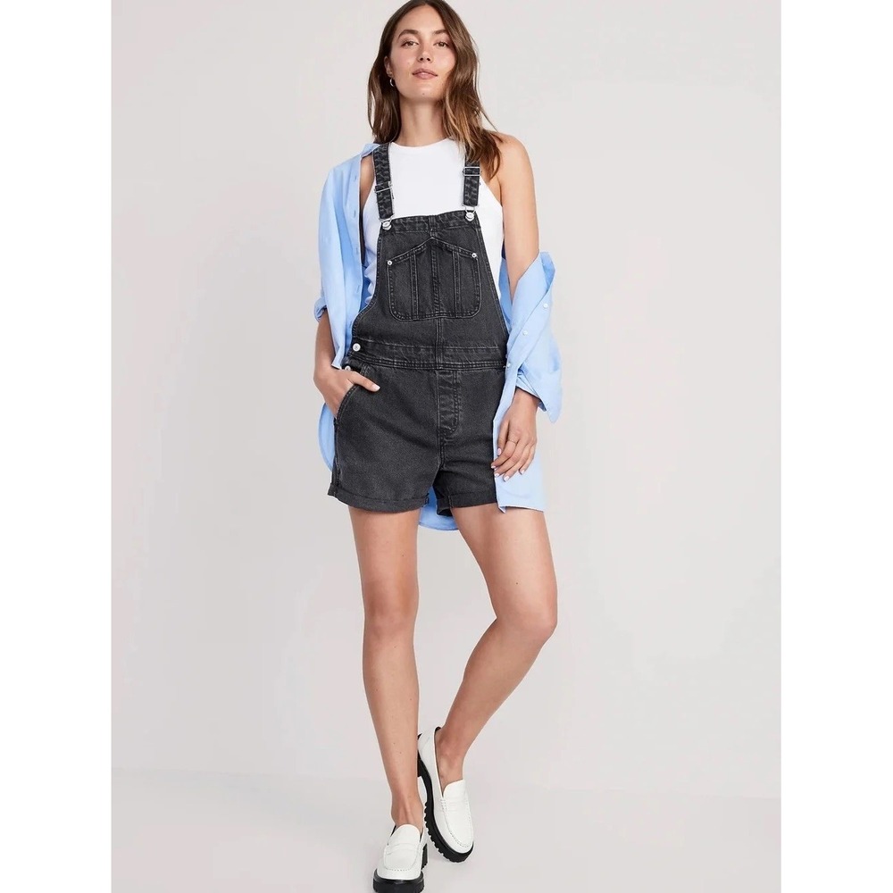 Old Navy Slouchy Straight Black Denim Shortalls Overalls Womens XL NWT 549515